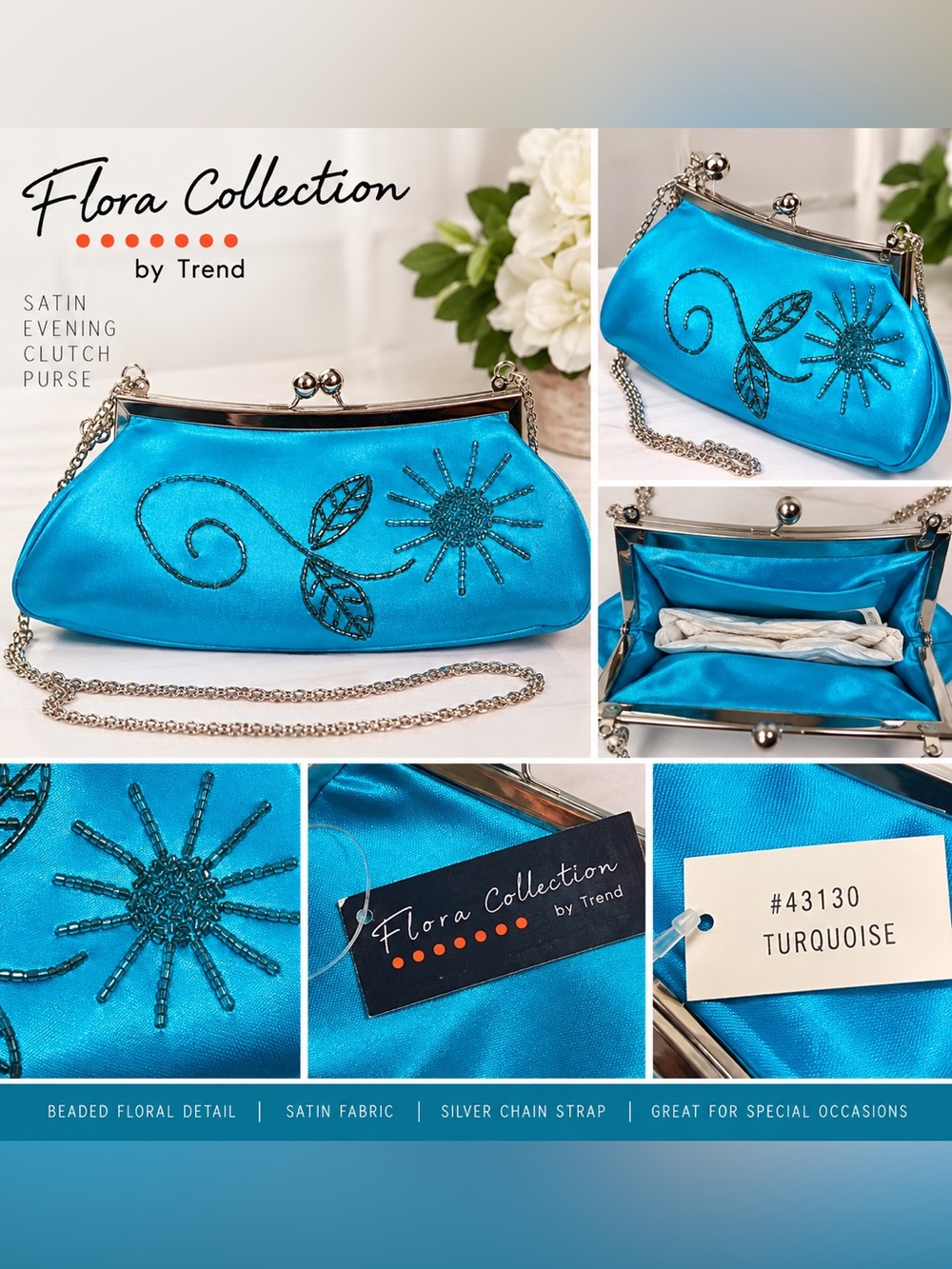 NWT Flora Collection Turquoise Satin Beaded Evening Clutch Purse